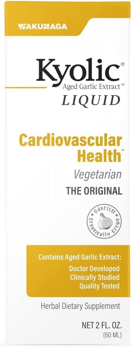 Kyolic Aged Garlic Extract Liquid bottle shows odorless formula for everyday cardiovascular support.