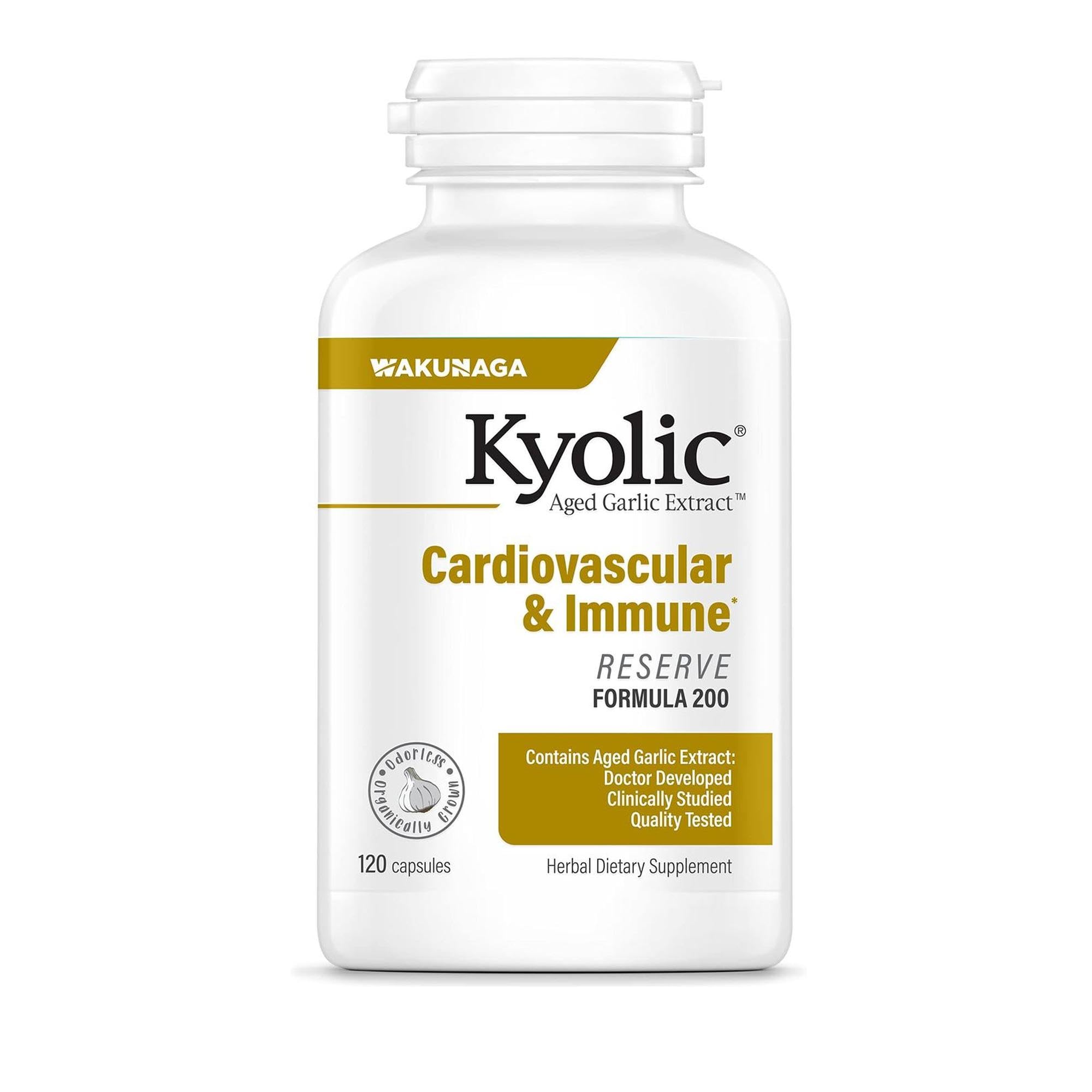 Kyolic Aged Garlic Extract Reserve bottle front highlighting cardiovascular and immune support