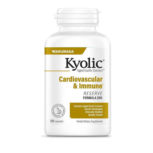 Kyolic Aged Garlic Extract Reserve bottle front highlighting cardiovascular and immune support