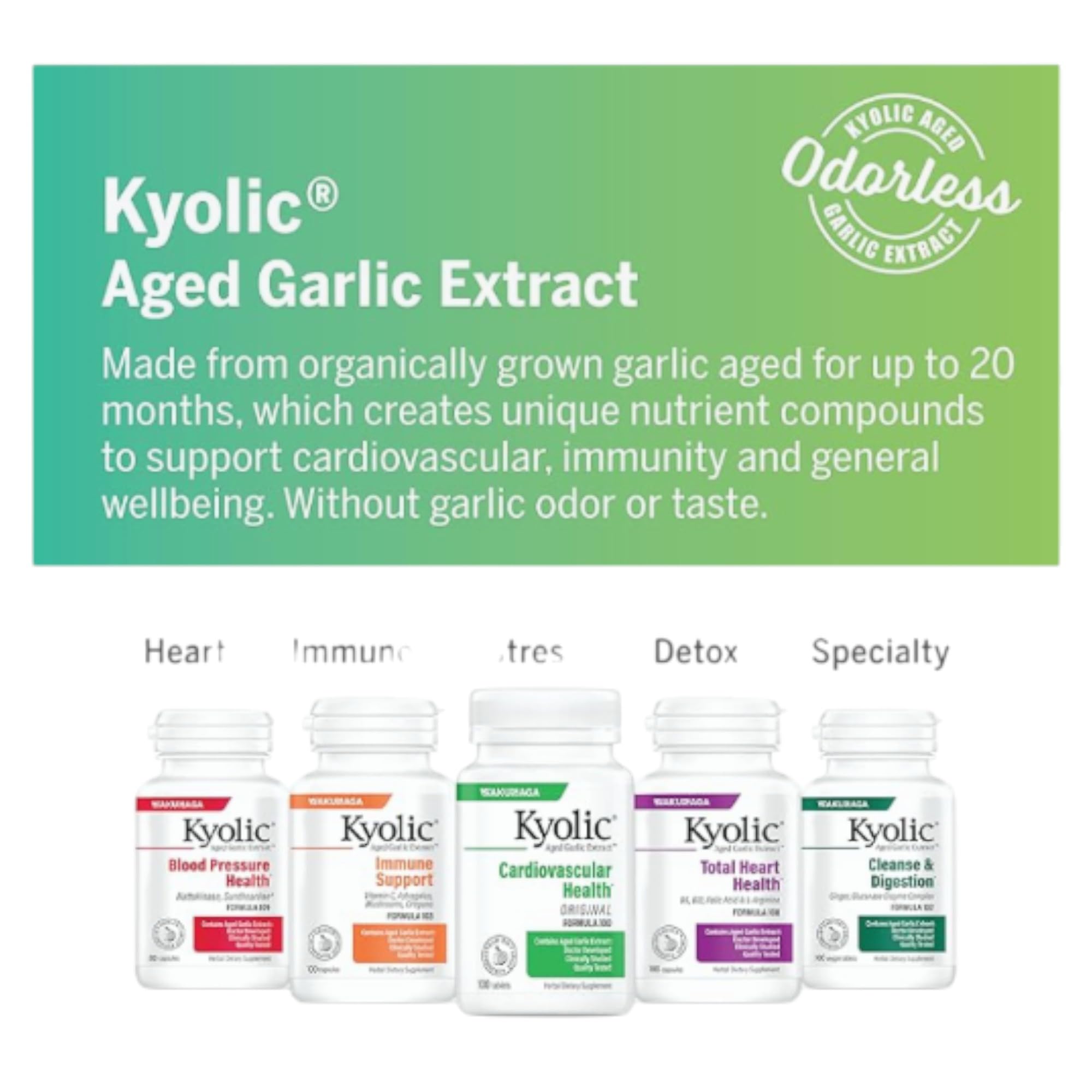 Kyolic bottle packaging highlights Kyo-Life branding and odorless garlic benefits.