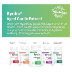 Kyolic bottle packaging highlights Kyo-Life branding and odorless garlic benefits.