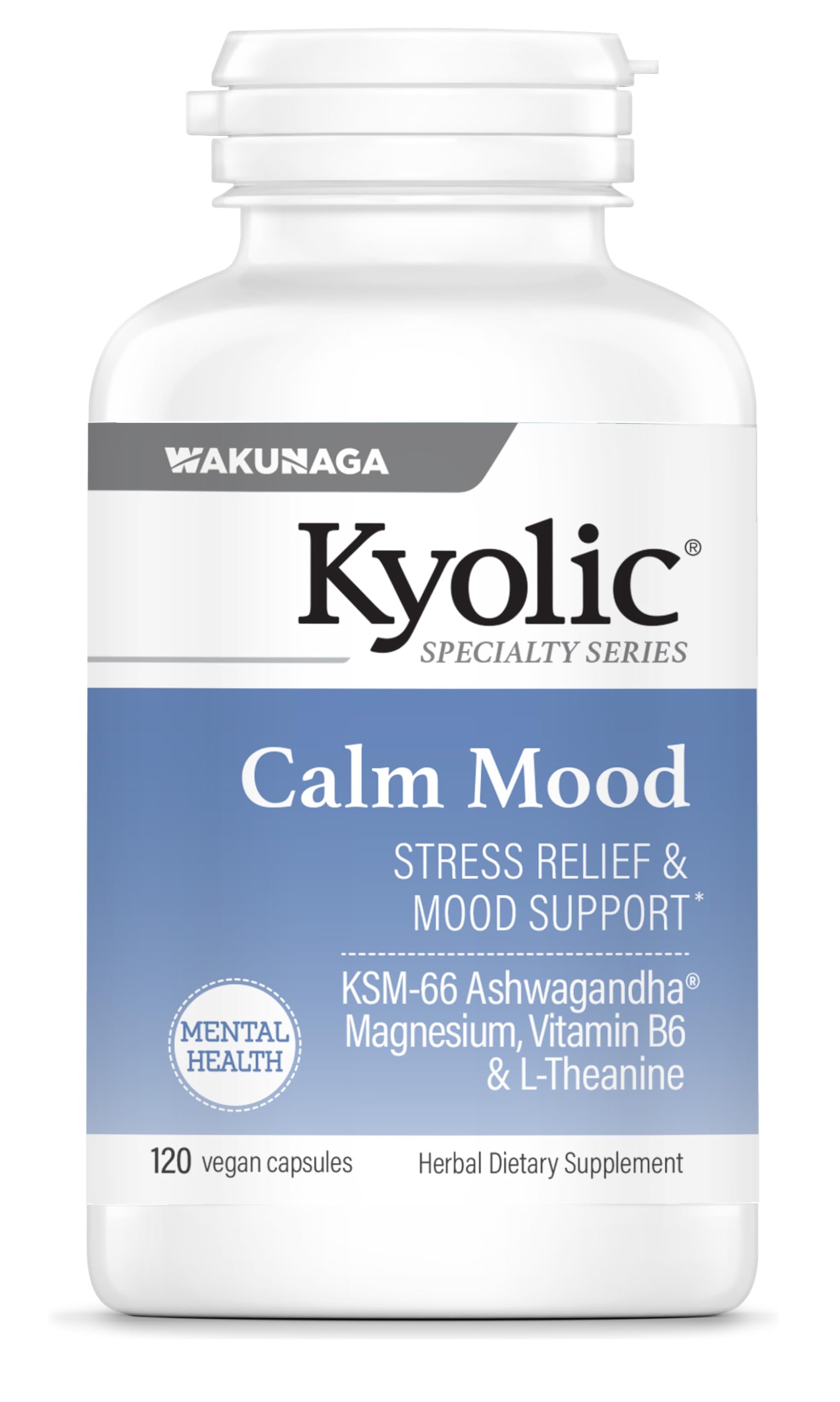 Kyolic Calm Mood bottle on desk suggesting daily stress relief and focus.