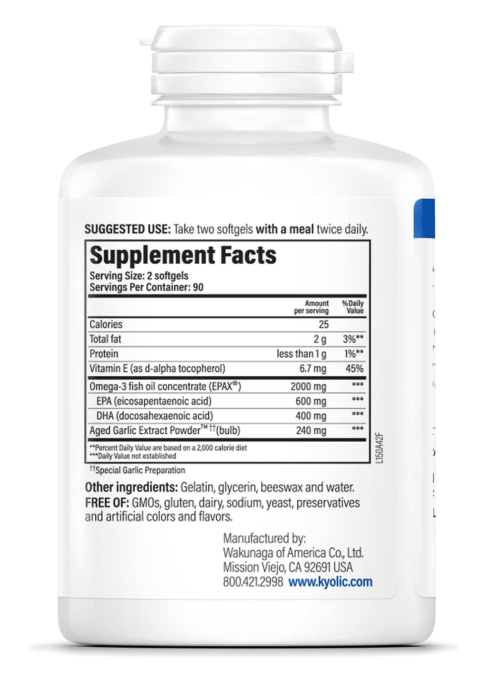 Kyolic EPA Omega-3 softgels show omega-3 support and garlic synergy.