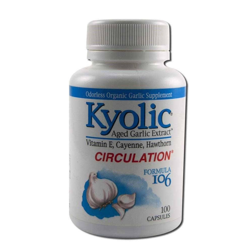Kyolic Formula 106 aged garlic extract bottle for circulation support.