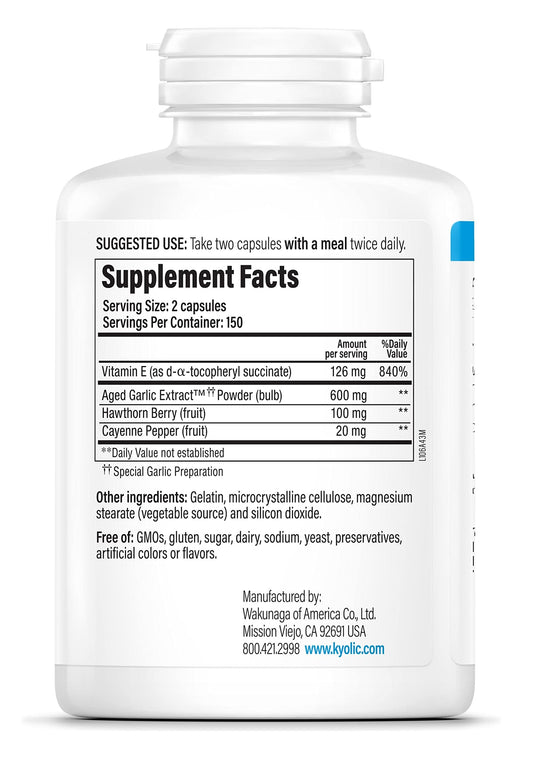 Kyolic Formula 106 capsules packaging highlights odorless, organic garlic.
