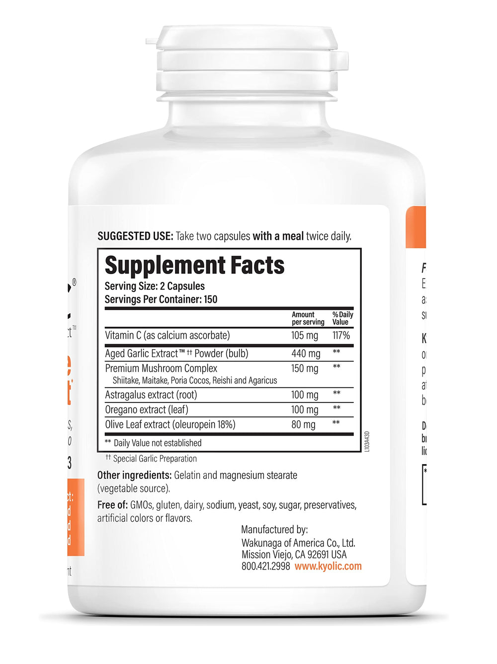 Kyolic Formula103 bottle side label showing ingredients for informed use.