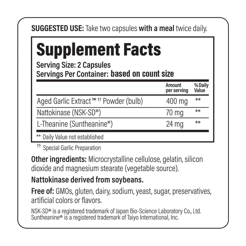 Kyolic ingredients nattokinase suntheanine blend with aged garlic