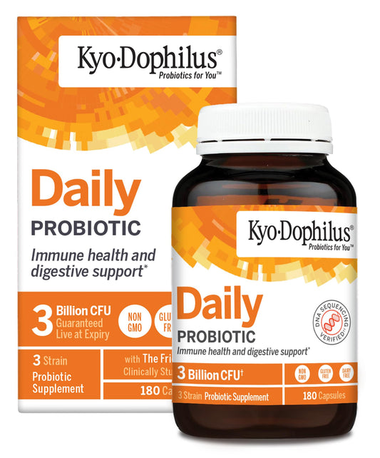 Kyolic Kyo-Dophilus daily probiotic bottle promoting digestive balance.