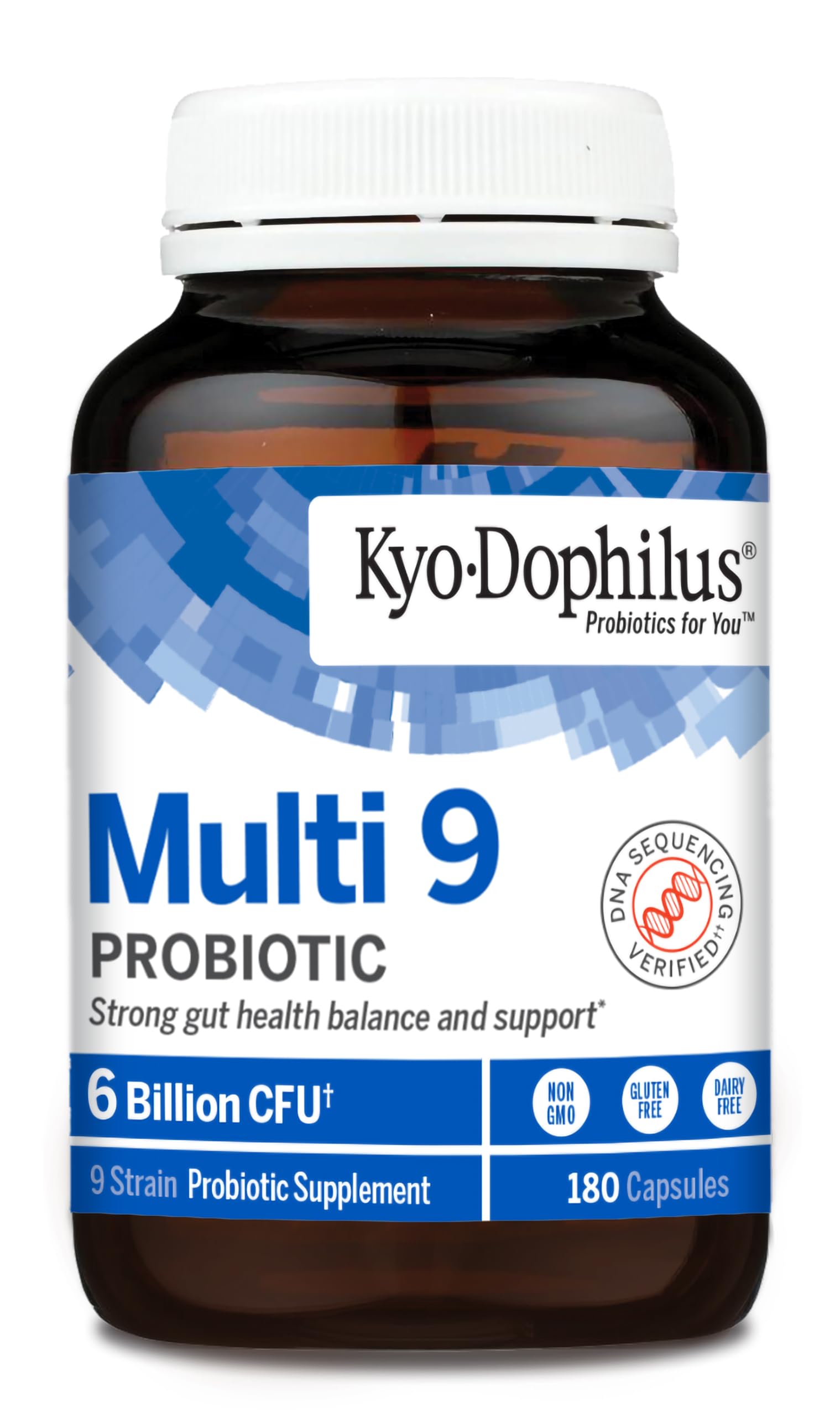 Kyolic Kyo-Dophilus Multi 9 capsules closeup highlighting convenient daily probiotic support.