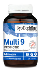 Kyolic Kyo-Dophilus Multi 9 capsules closeup highlighting convenient daily probiotic support.