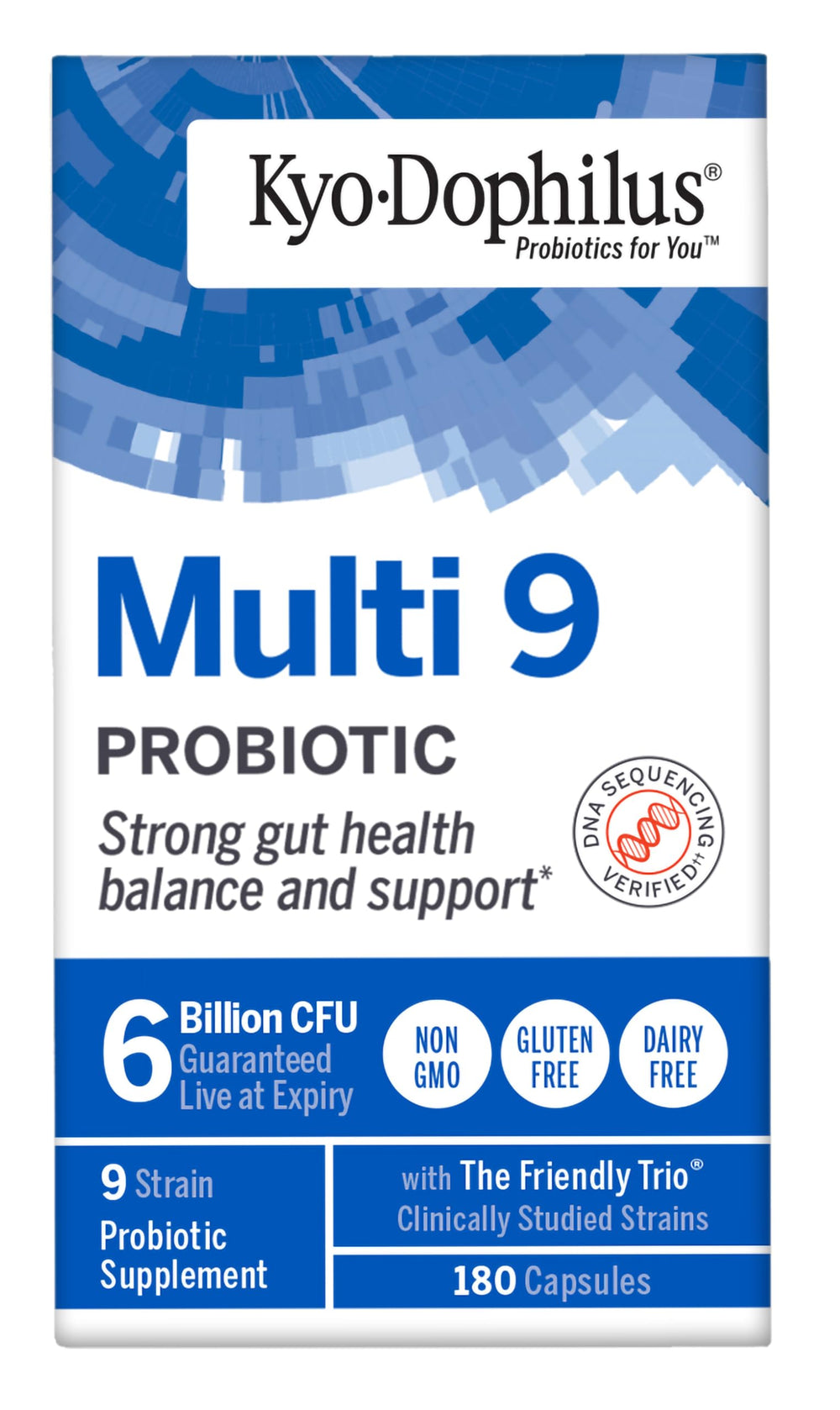 Kyolic Kyo-Dophilus probiotic label emphasizing non-GMO, gluten-free, dairy-free features.