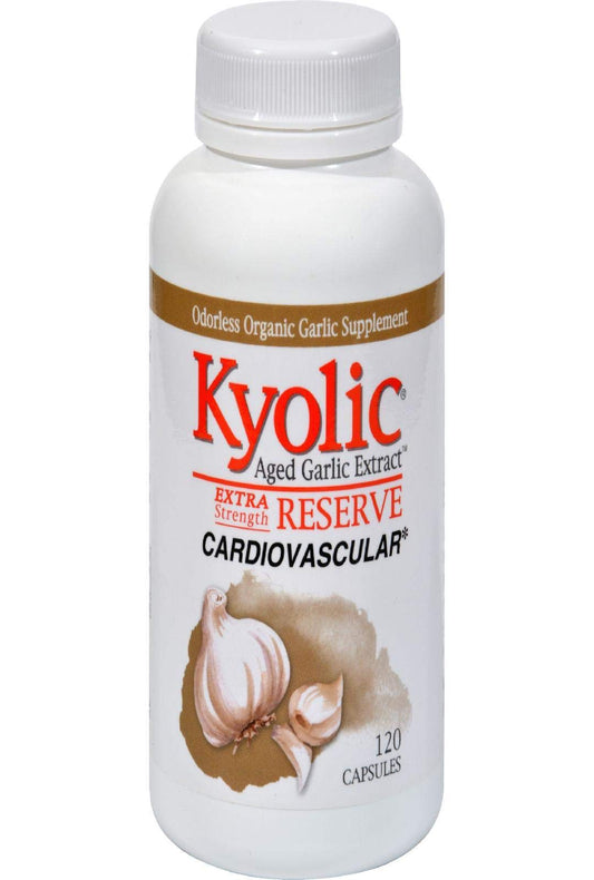 Close-up of Kyolic Reserve Aged Garlic Extract capsules; convenient 600 mg per capsule for daily wellness.