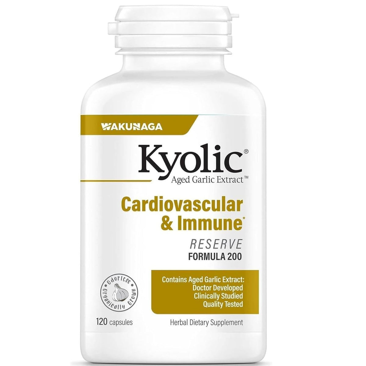 Kyolic Reserve bottle featuring aged garlic extract for cardiovascular and immune support.