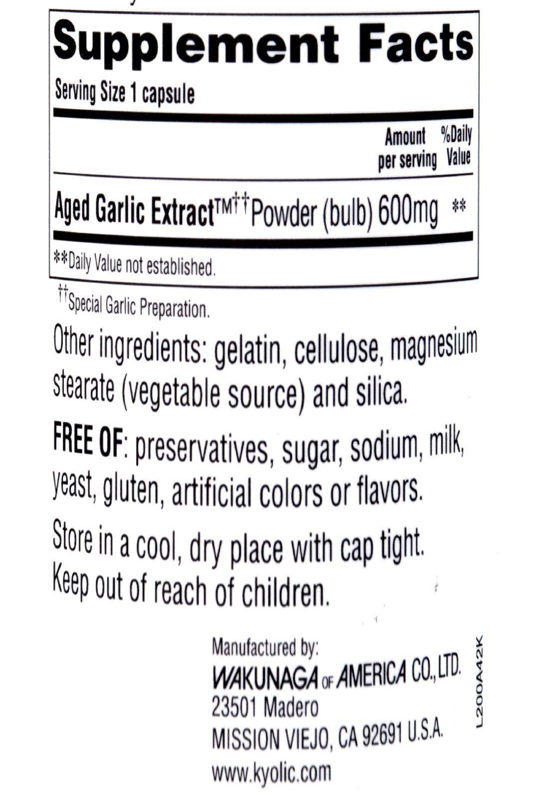 Kyolic Reserve Aged Garlic Extract ingredients label; gluten-free, non-GMO formulation supports dietary choices.
