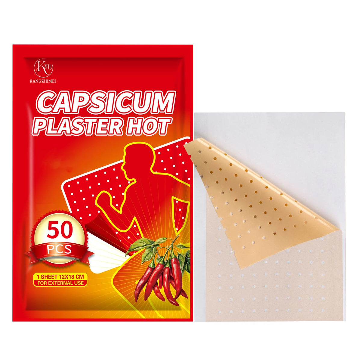 KZM Kangzhimei Capsaicin Patches box front view for quick recognition