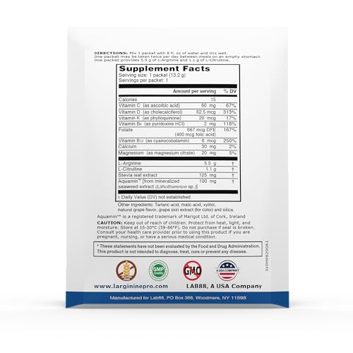 L-ARGININE PRO bottle label showing ingredients and flavor.