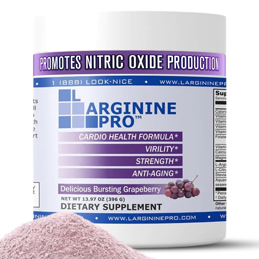 L-Arginine PRO grape powder tub highlighting high potency for potential nitric oxide support.