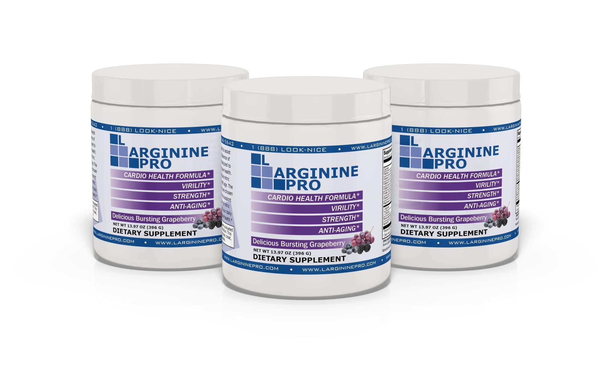 L-ARGININE PRO grapeberry powder in a tub boosts workout energy