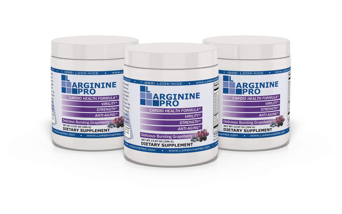L-ARGININE PRO grapeberry powder in a tub boosts workout energy