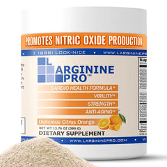 L-Arginine Pro orange powder tub ready for workout support