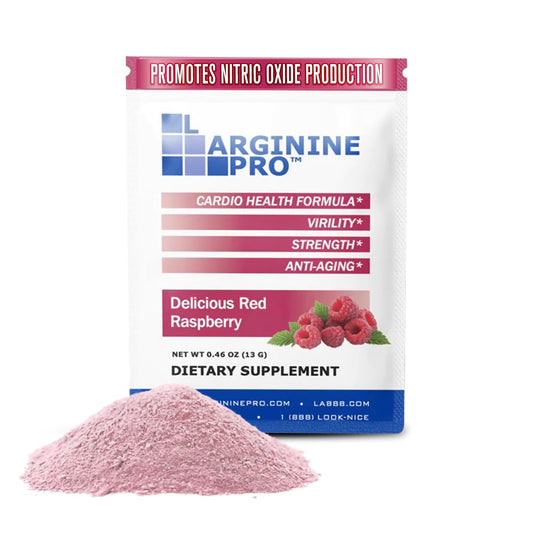 L-Arginine Pro Raspberry packet ready to mix for daily energy support.