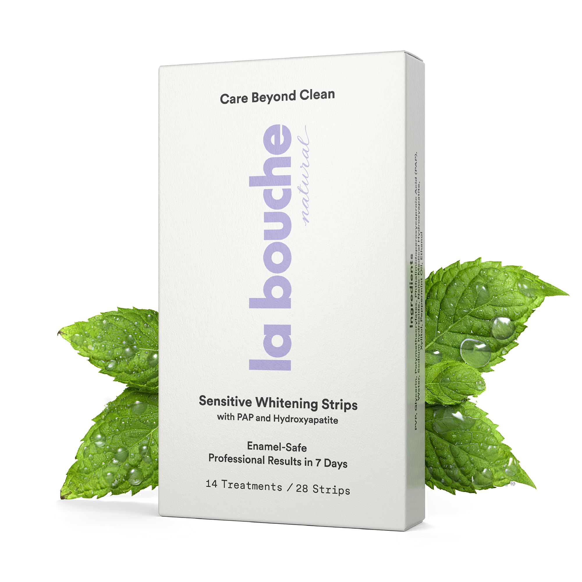 La Bouche Natural Sensitive Strips box front showing enamel-safe whitening.