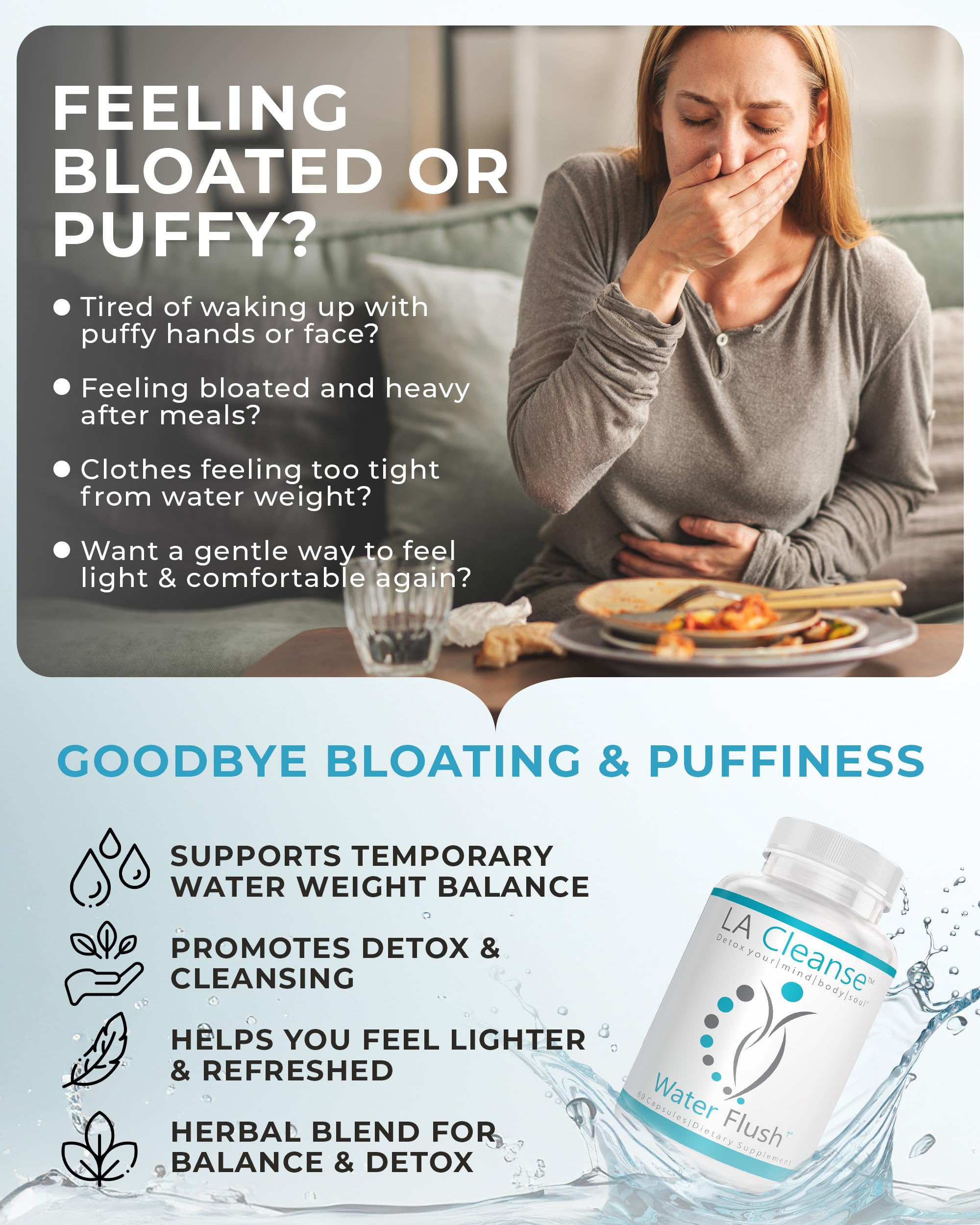 LA Cleanse Water Flush bottle back label explains dandelion root and green tea benefits.