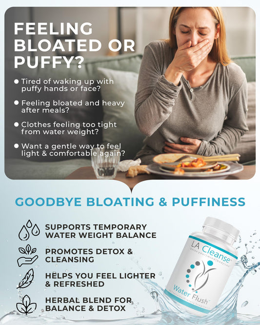 LA Cleanse Water Flush bottle back label explains dandelion root and green tea benefits.