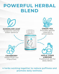 LA Cleanse Water Flush capsules close-up showcases herbal blend for fluid regulation.