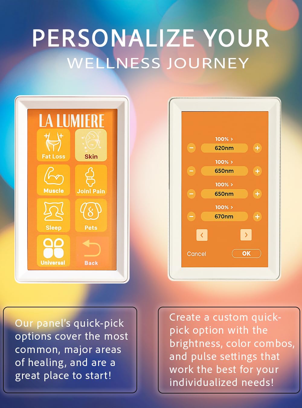 La Lumiere Therapy panel app connection supports personalized scheduling and presets.
