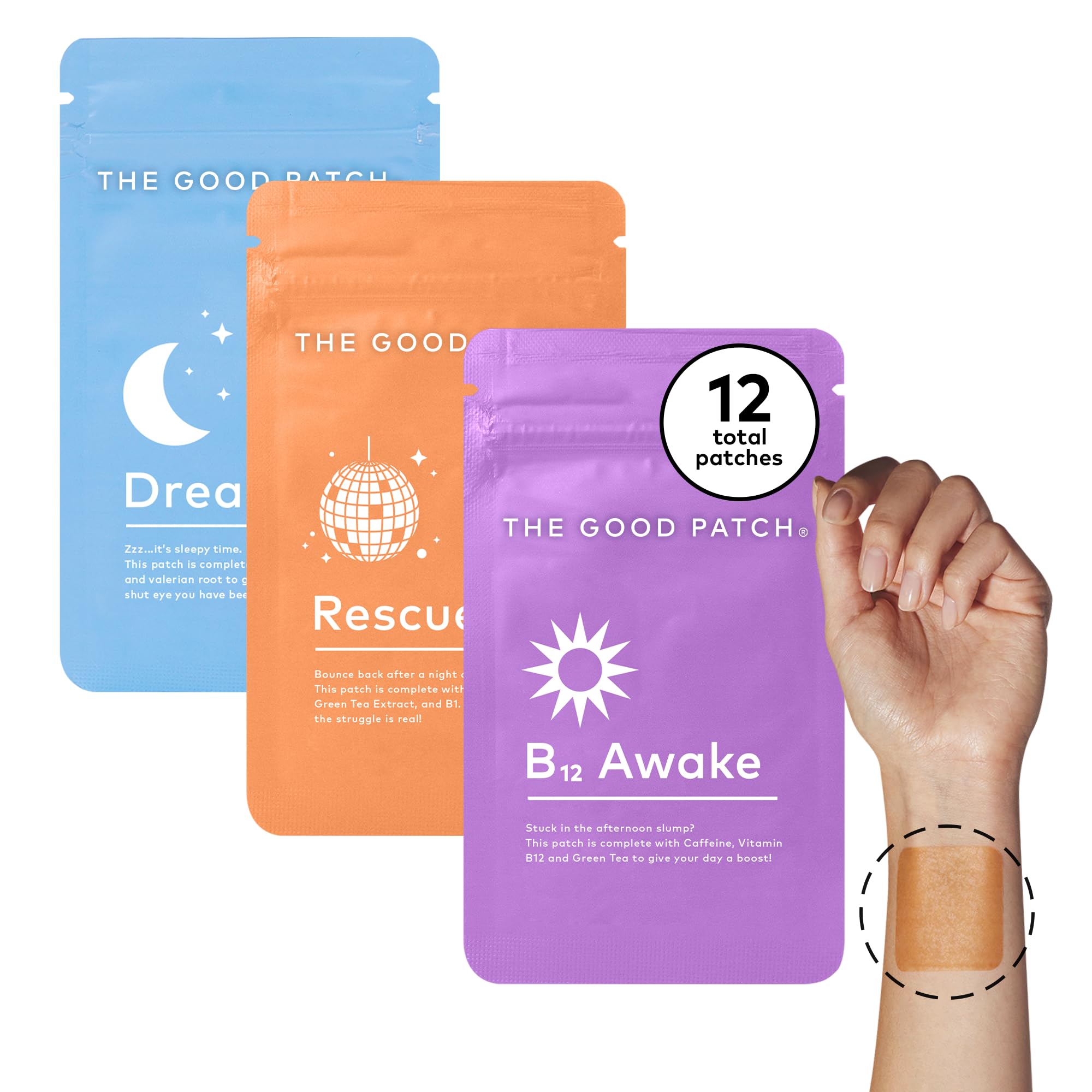 LA MEND Good Patch Awake B12 energy patch on arm for morning boost