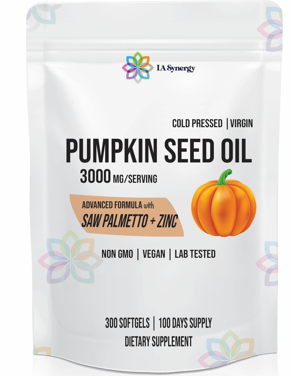 LA Synergy pumpkin seed oil bottle highlighting 3000mg blend for daily wellness