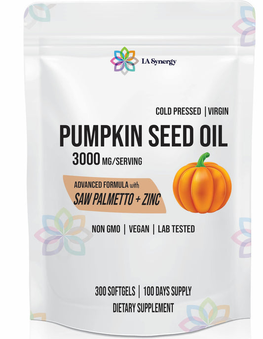 LA Synergy pumpkin seed oil bottle highlighting 3000mg blend for daily wellness