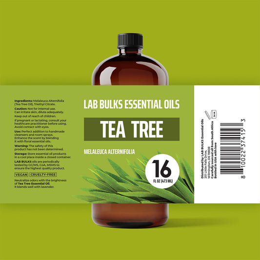 Lab Bulks Tea Tree Oil label close-up highlighting steam-distilled quality.