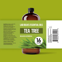 Lab Bulks Tea Tree Oil label close-up highlighting steam-distilled quality.