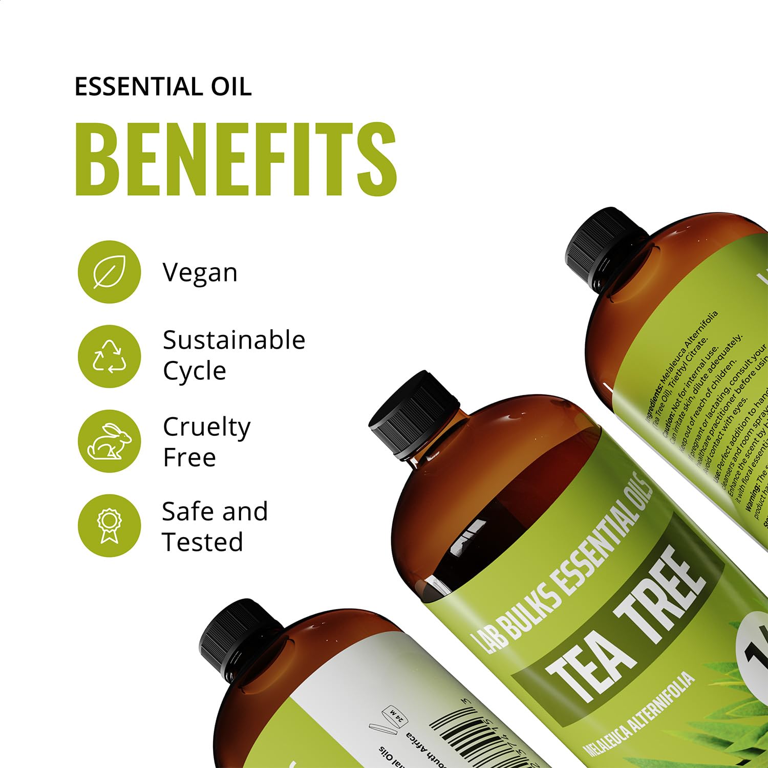 Amber plastic bottle packaging protects tea tree oil from UV light.