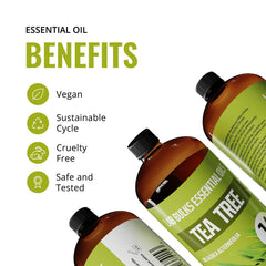 Amber plastic bottle packaging protects tea tree oil from UV light.