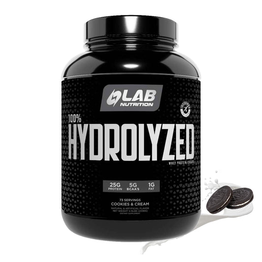 LAB NUTRITION hydrolyzed whey isolate cookie cream powder showing high protein formula for lean muscle support.