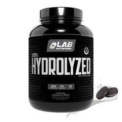 LAB NUTRITION hydrolyzed whey isolate cookie cream powder showing high protein formula for lean muscle support.