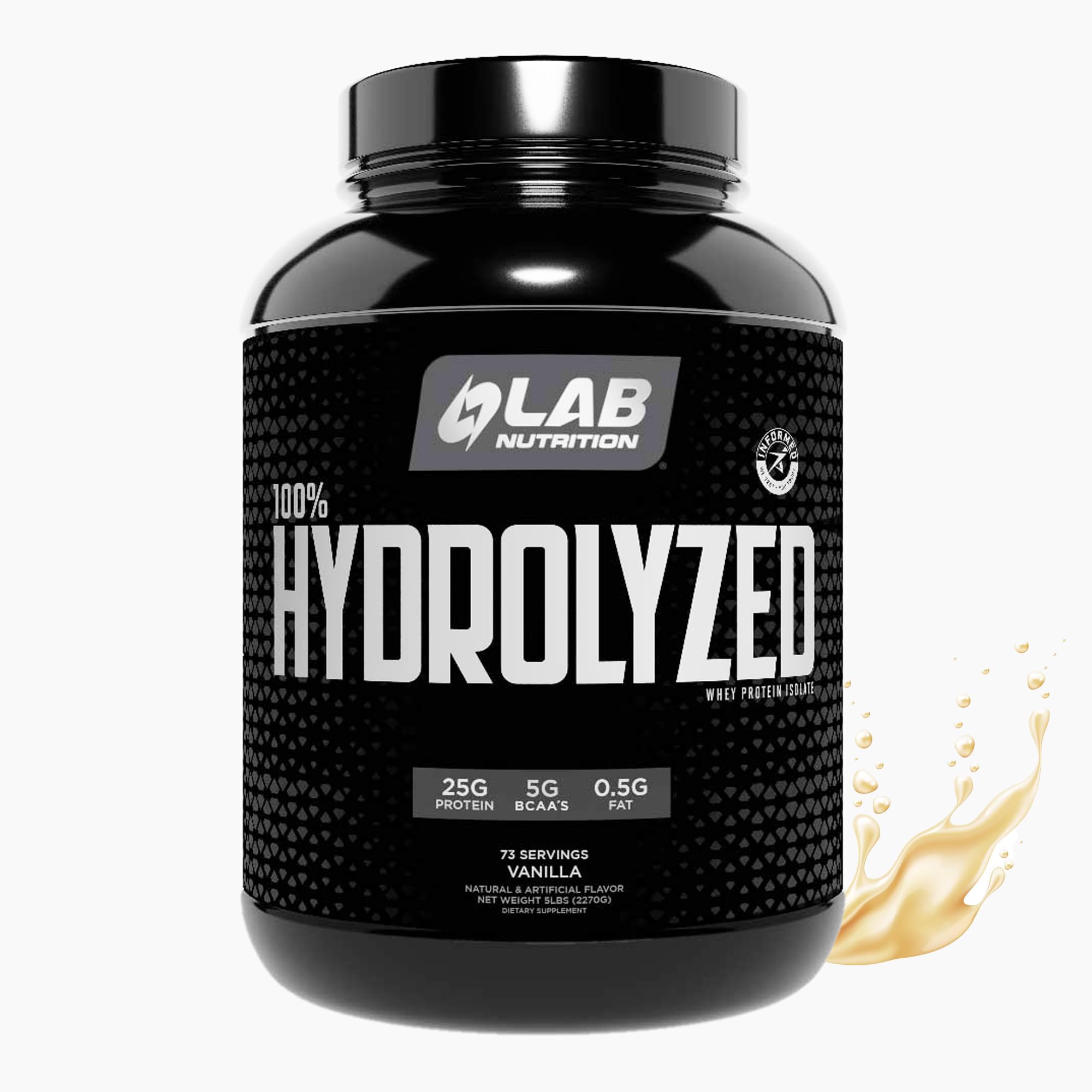 LAB NUTRITION hydrolyzed whey protein isolate vanilla powder in a 5lb bottle for post-workout recovery.