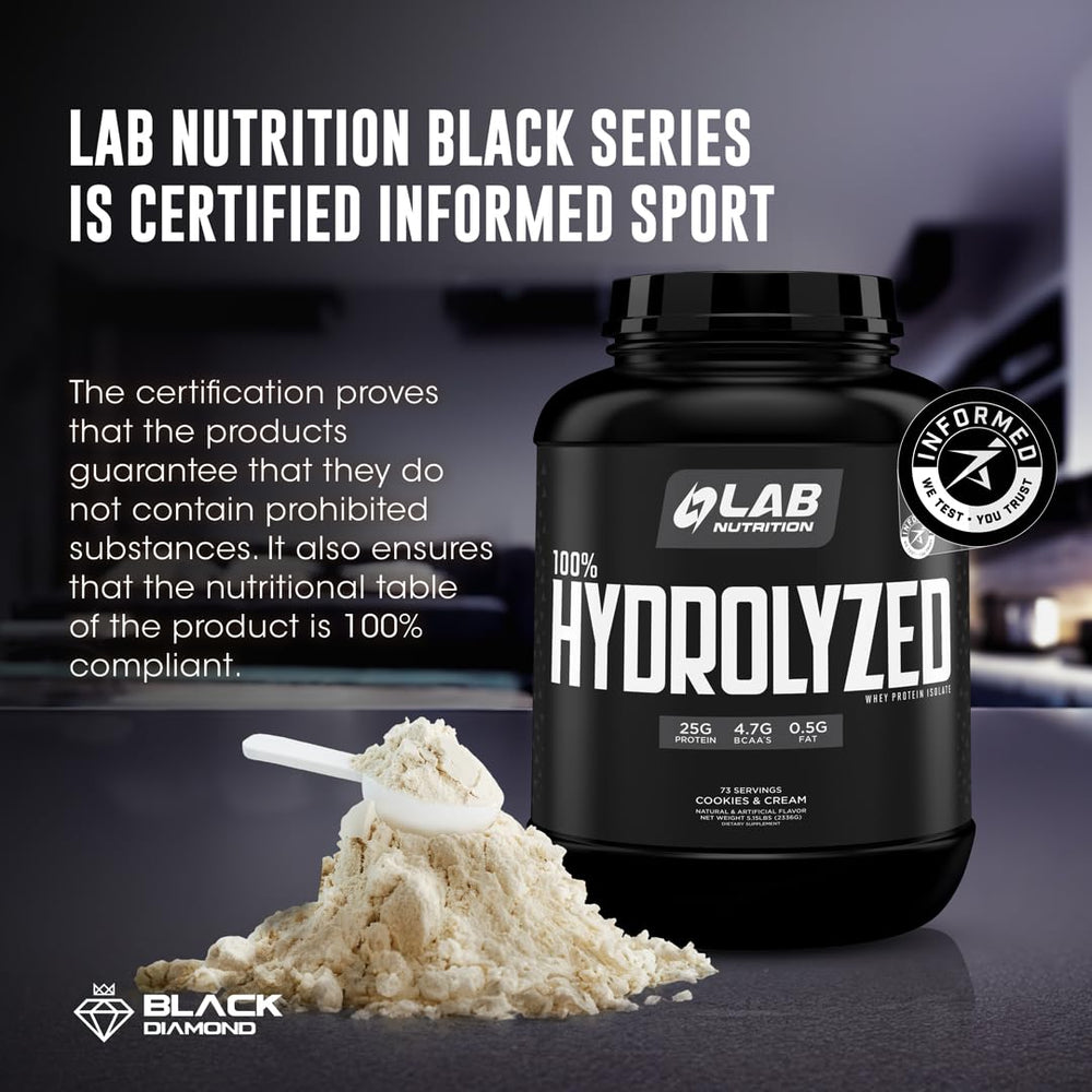 LAB NUTRITION vanilla protein powder in a blender bottle with fresh fruit.