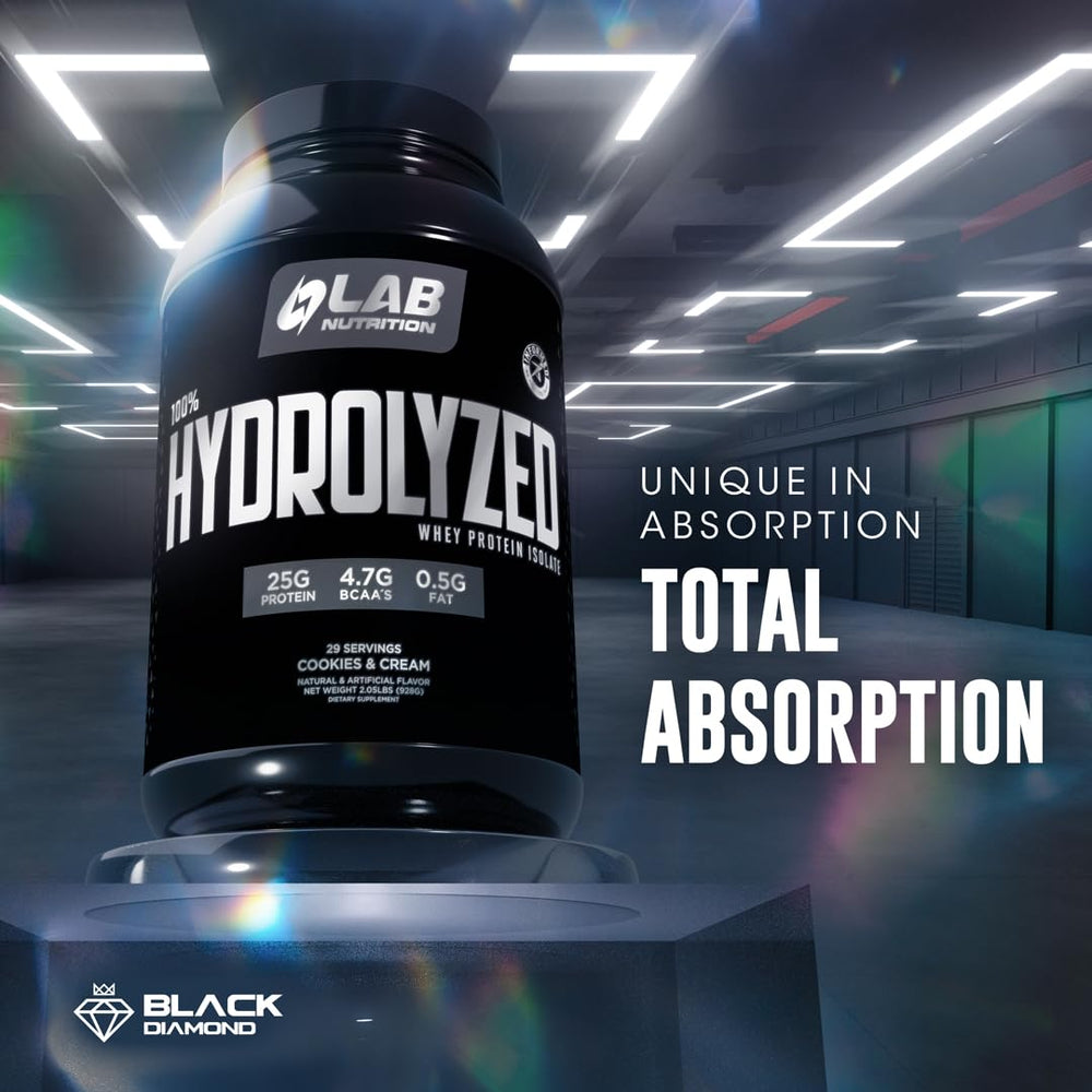 LAB NUTRITION vanilla shake in glass demonstrating easy mixability.