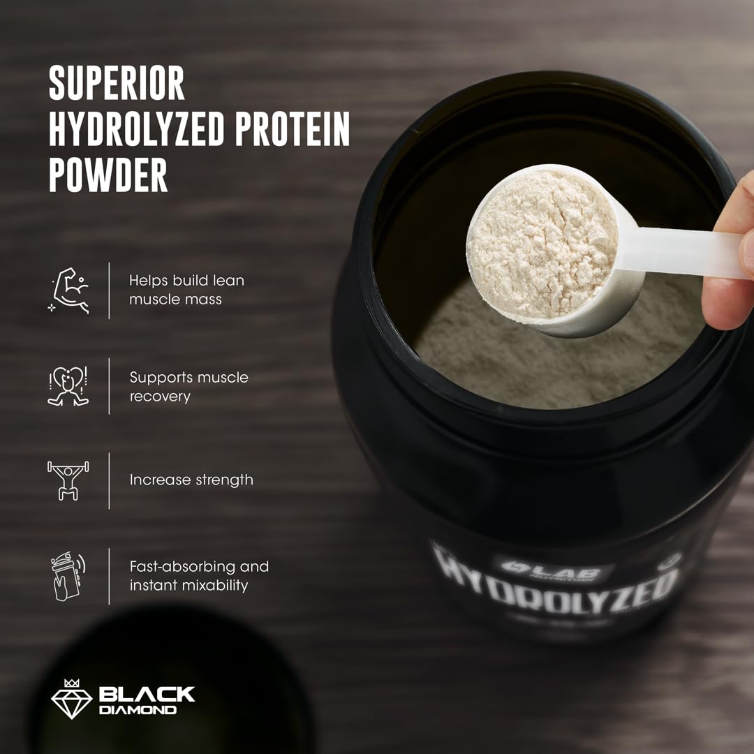 LAB NUTRITION chocolate whey isolate powder scoop highlights quick mixability
