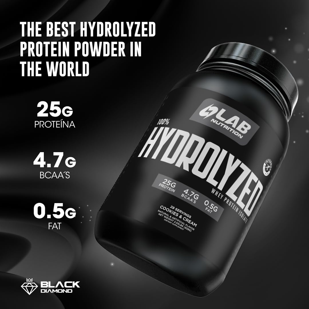 LAB NUTRITION vanilla whey isolate poured into a shaker for quick digestion.