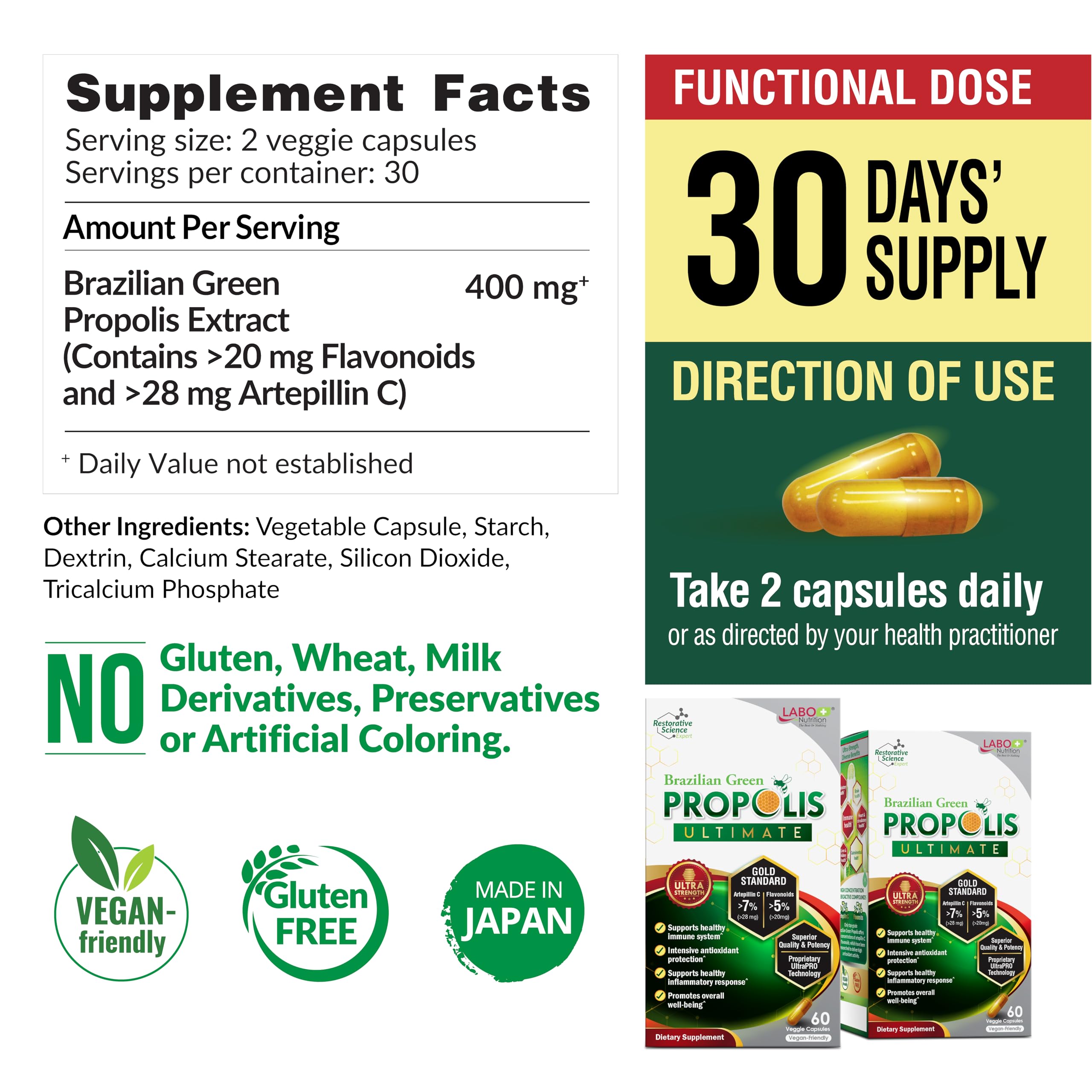 LABO Nutrition propolis Ultimate capsules close-up for daily immune and brain support.