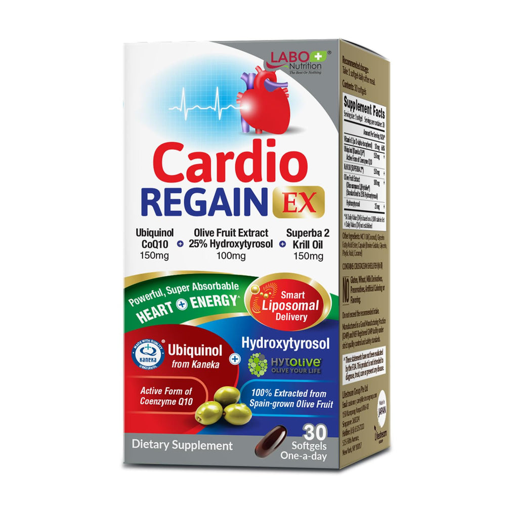 LABO Nutrition CardioREGAIN EX bottle with ubiquinol capsules for daily heart support