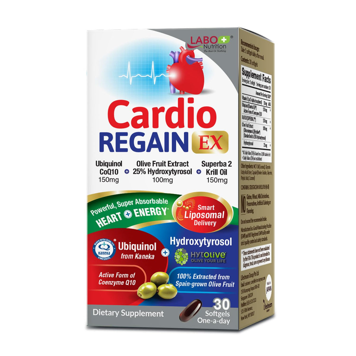 LABO Nutrition CardioREGAIN EX bottle with ubiquinol capsules for daily heart support