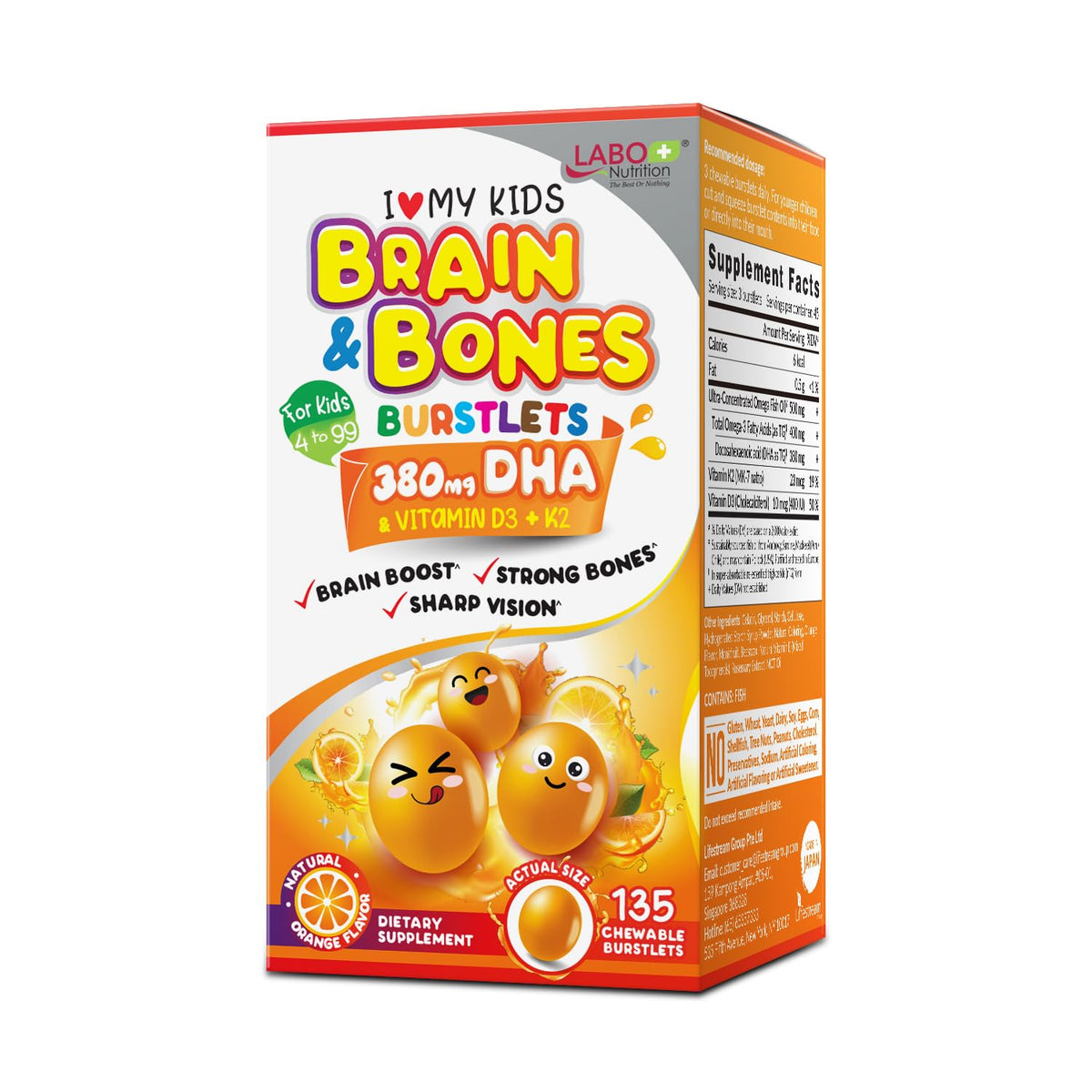 LABO Nutrition My Kids Brain & Bones Burstlet bottle with orange flavor for daily omega-3 support