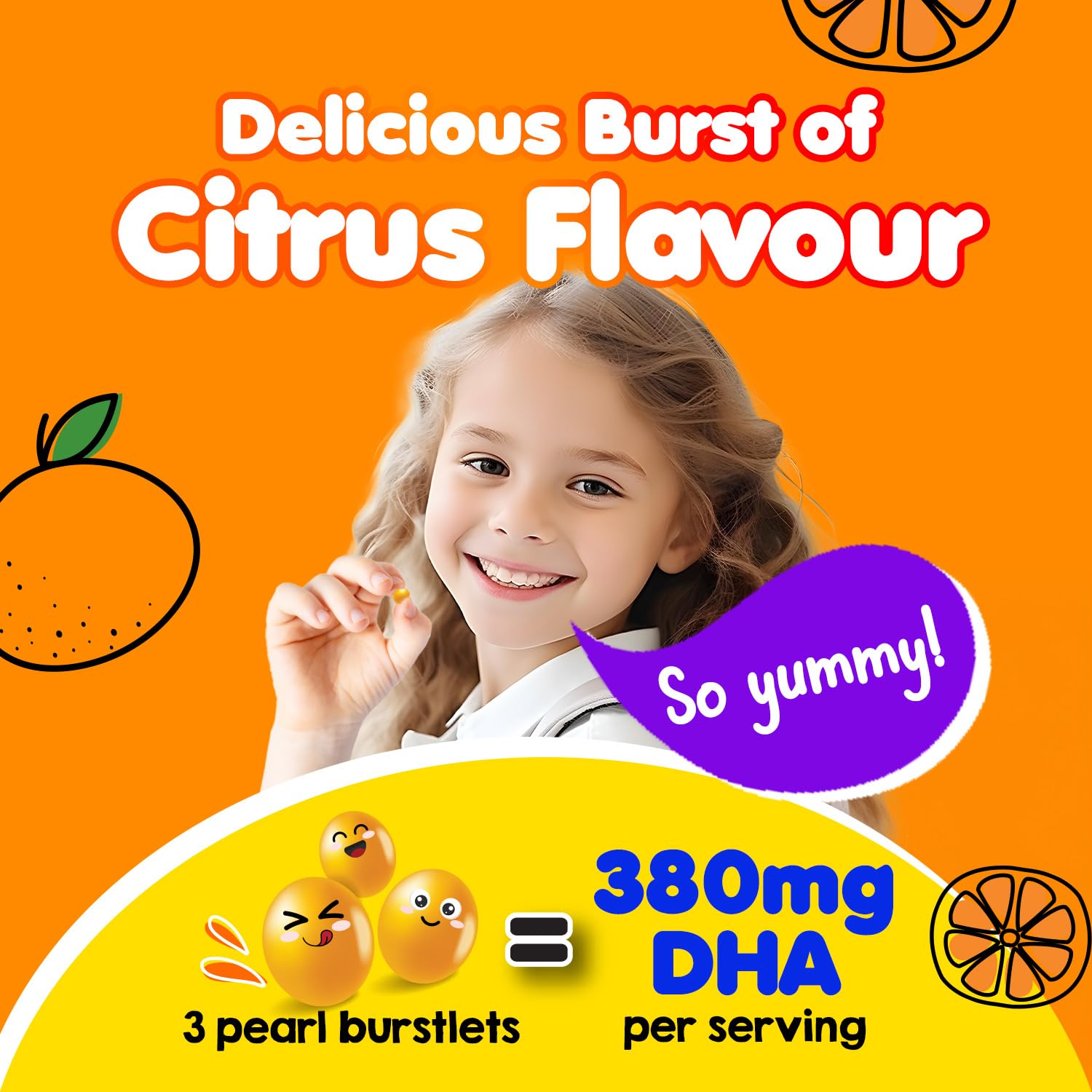 LABO Nutrition orange-flavor Burstlet close-up showing kid-friendly texture and no fishy aftertaste