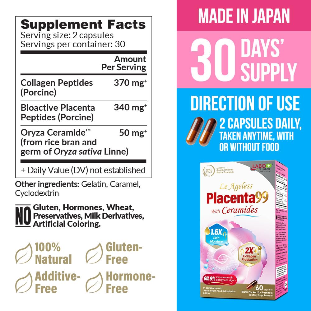 LABO Nutrition Le Ageless Placenta 99 label close-up highlighting premium formula